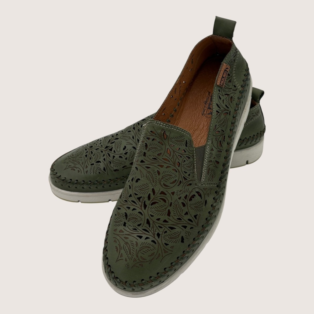 Pikolinos Womens Loafers Shoes Size 40 Olive Green Leather Floral Slip On